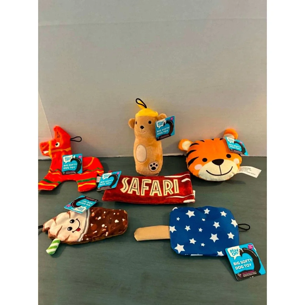 Play On Big Softy Dog Toy Bundle 6pc Multicolor New Plush Squeaky Variety Set